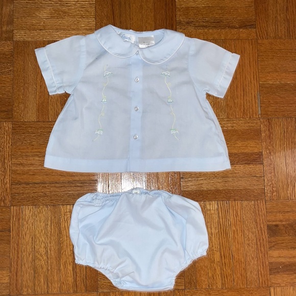 Two piece embroidery baby blue with white trim.Heirloom, portrait, classic - Picture 12 of 13